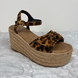 Beast Fashion Suede Leopard Bow Open Toe Espadrille Platform Wedge Sandal Size 7
